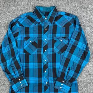 Wrangler Western Shirt Mens Size L Blue Plaid Pearl Snap Long Sleeve Cowboy